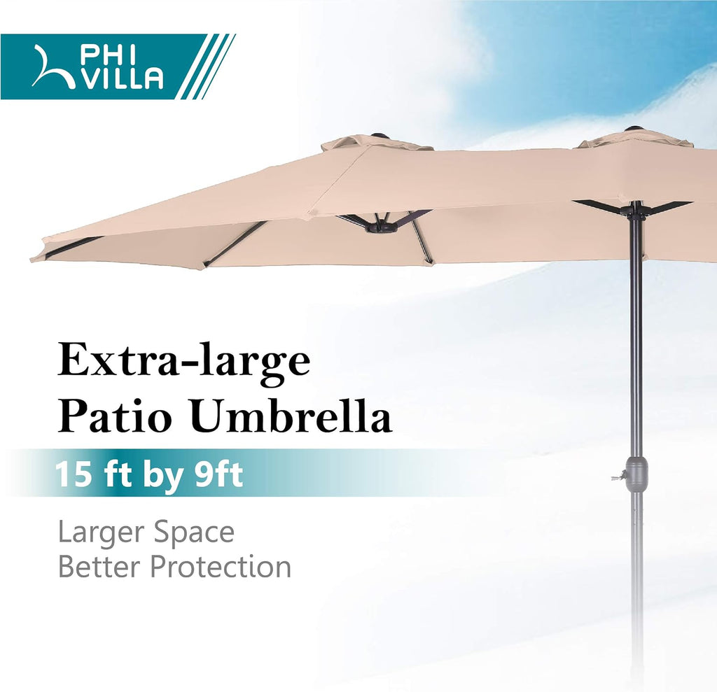 15FT Patio Umbrella with Base, Large Double-Sided Outdoor Market Umbrella with Crank Lift, UV-Resistant Canopy Khaki