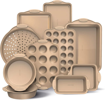 Nonstick Stackable Bakeware Set - Heavy Duty, Durable, Easy Release Set, Gold, 10 Pcs