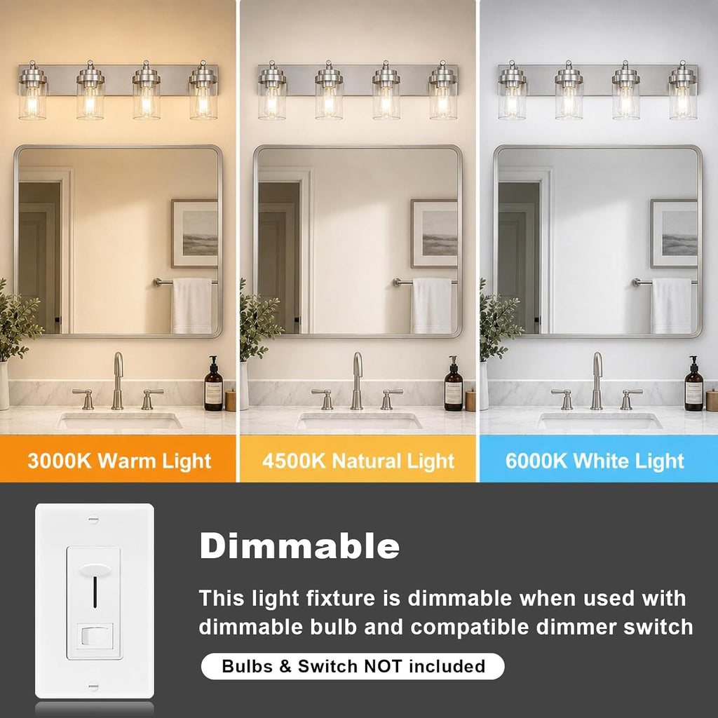 4-Light Bathroom Light Fixtures, Brushed Nickel Vanity Lights | Modern Bathroom Lighting Fixtures Over Mirror, Vanity