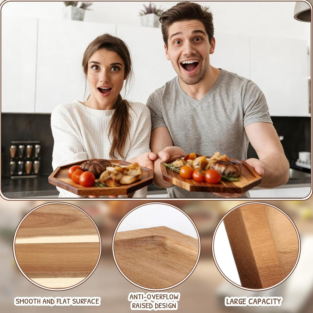 6 Pack 12'' Acacia Wood Serving Trays Wooden Octagon Serving Platter Charcuterie Boards for Bread Fruit Food Dish