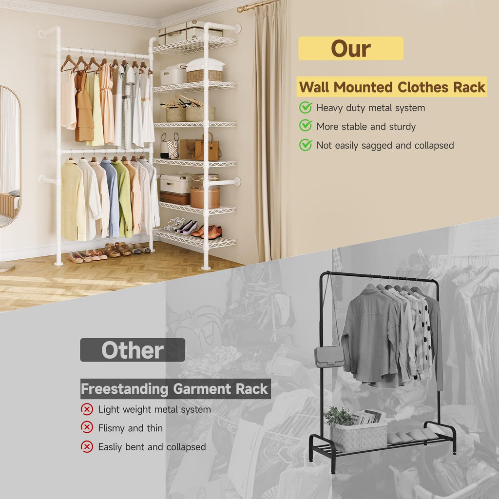 L2 Wall Mounted Closet System, Industrial Pipe Clothing Rack, White