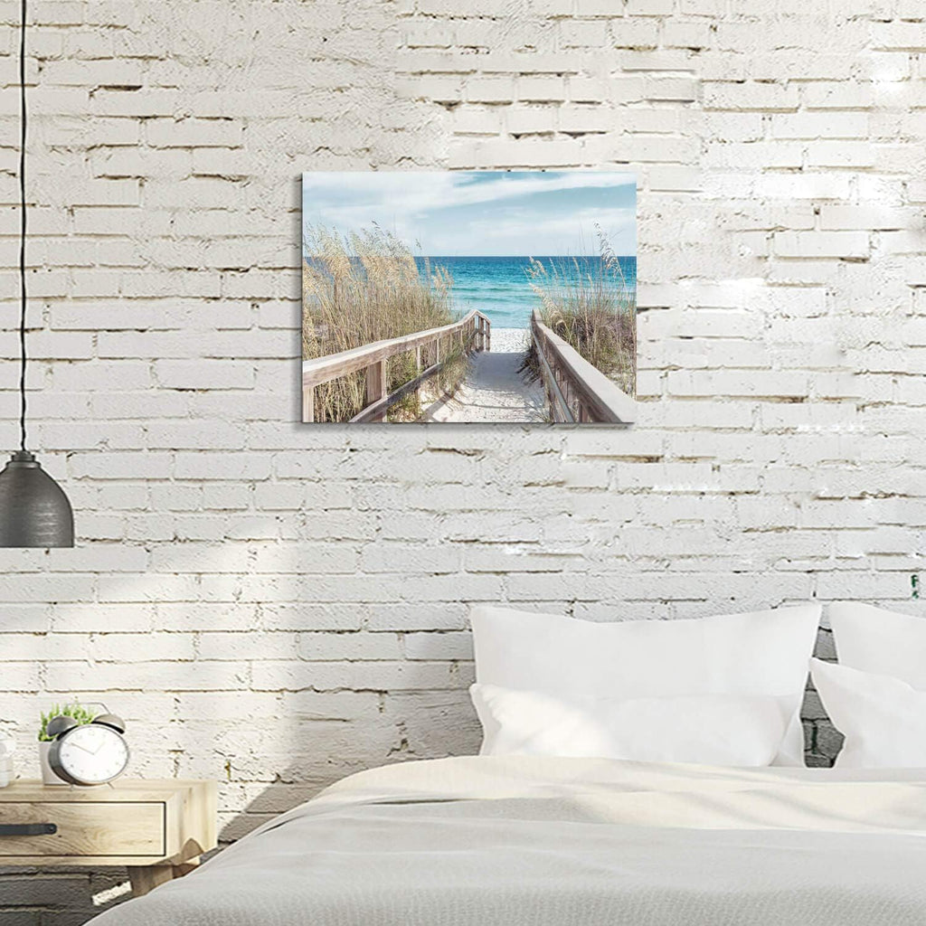 Beach Artwork Seascape Wall Art: Seaside Painting Fence Pathway Picture Print on Wrapped Canvas (24''W x 18''H