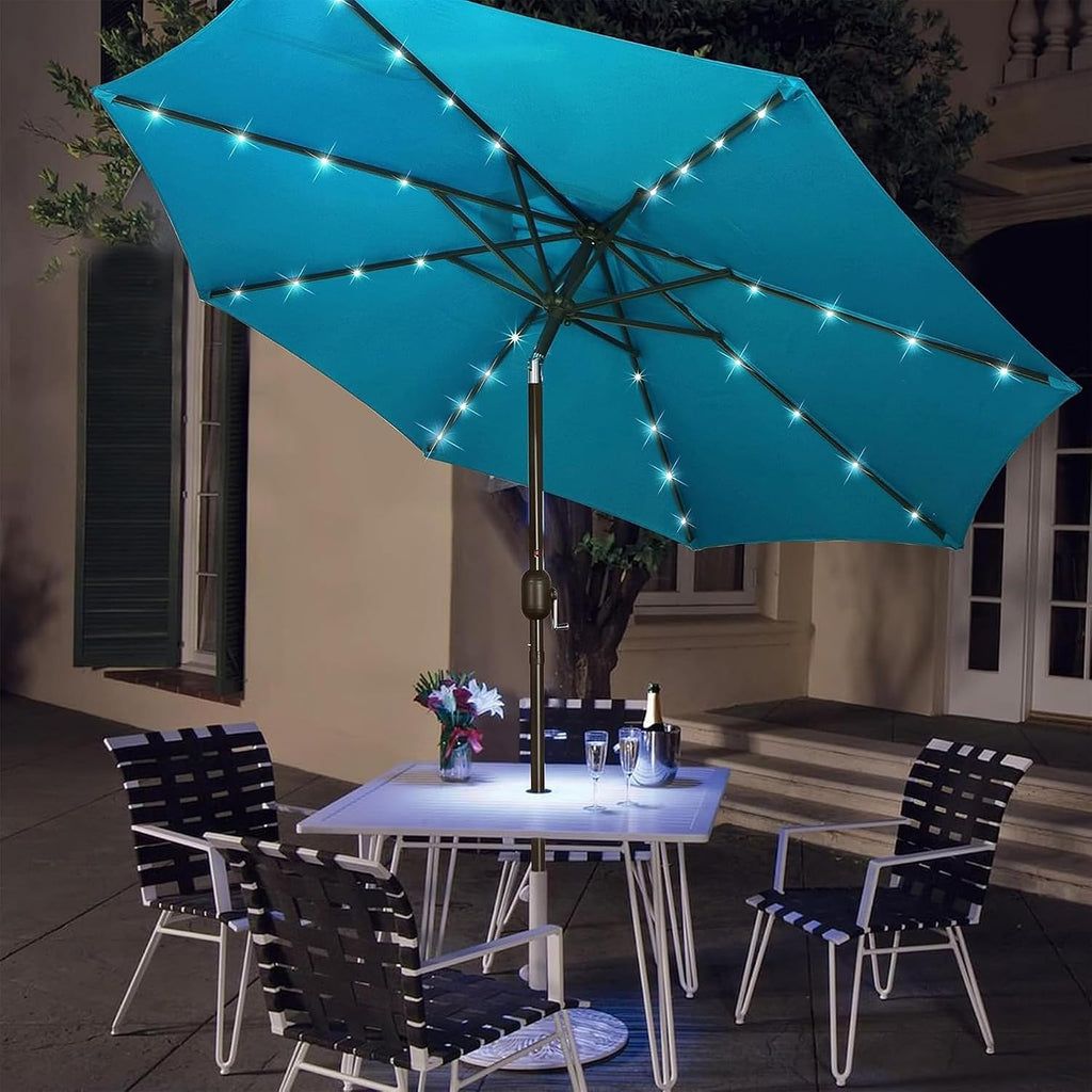 9 ft Solar Umbrella, 32 LED Lighted Patio Umbrella, Table Market Umbrella, Outdoor Umbrella Pool and Beach (Light Blue)