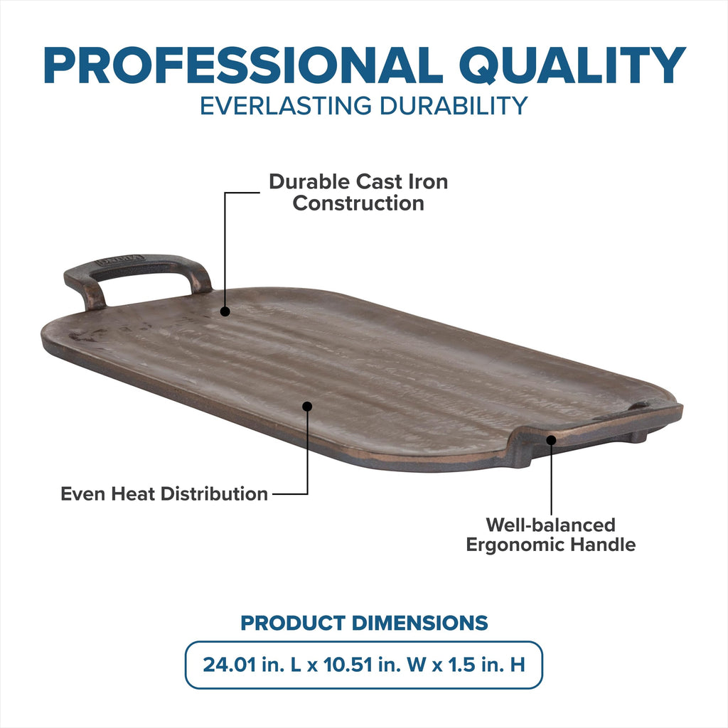 Nonstick Double Burner Griddle, 24 Inch Bronze Cast Iron Grill Pan, Made without PFAS, Induction Compatible, Oven