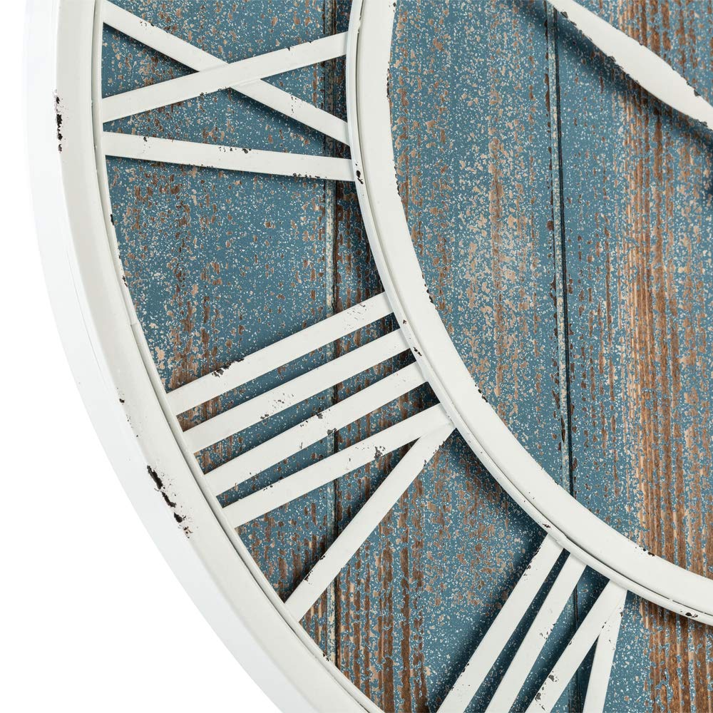 24" Coastal Wall Clock - Metal & Solid Wood Noiseless Weathered Beach Blue Wall Clock (Coastal Blue, 24-inch)