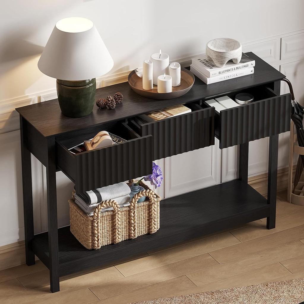 47" Fluted Console Table with 3 Drawers, Narrow Long Entryway Table with Storage and Shelf, 2-Tier Sofa Table Behind