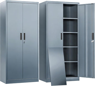 Metal Storage Cabinet with 2 Doors and 4 Adjustable Shelves Garage Storage Cabinet with Lock 71" Office Storage