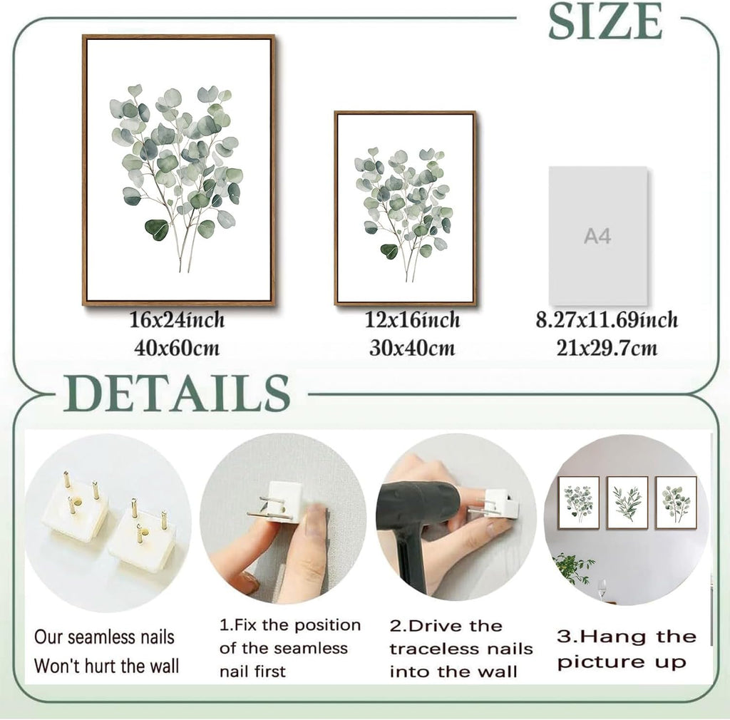 3 Piece Green Botanical Framed Wall Art Boho Eucalyptus Leaf Canvas Art Prints Watercolor Plant Pictures Wall Decor