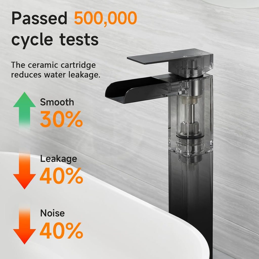 Black Tall Waterfall Bathroom Faucet, Single Hanlde Vessel Sink Faucet with Waterfall Spout