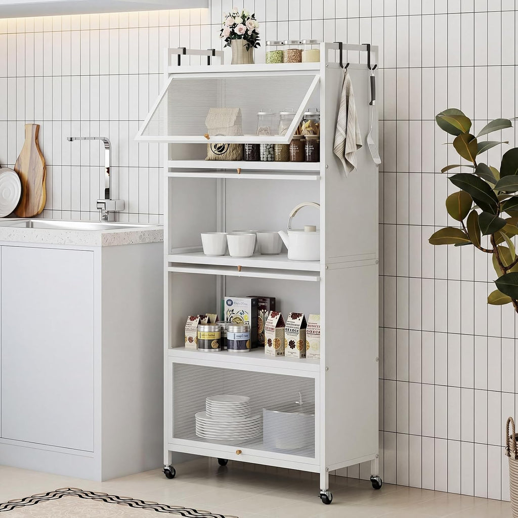 5-Tier Kitchen Storage Cabinet, 4 PC Doors, Rolling Wheels (White) | Mobile Metal Pantry Cabinet with 4 Hooks &
