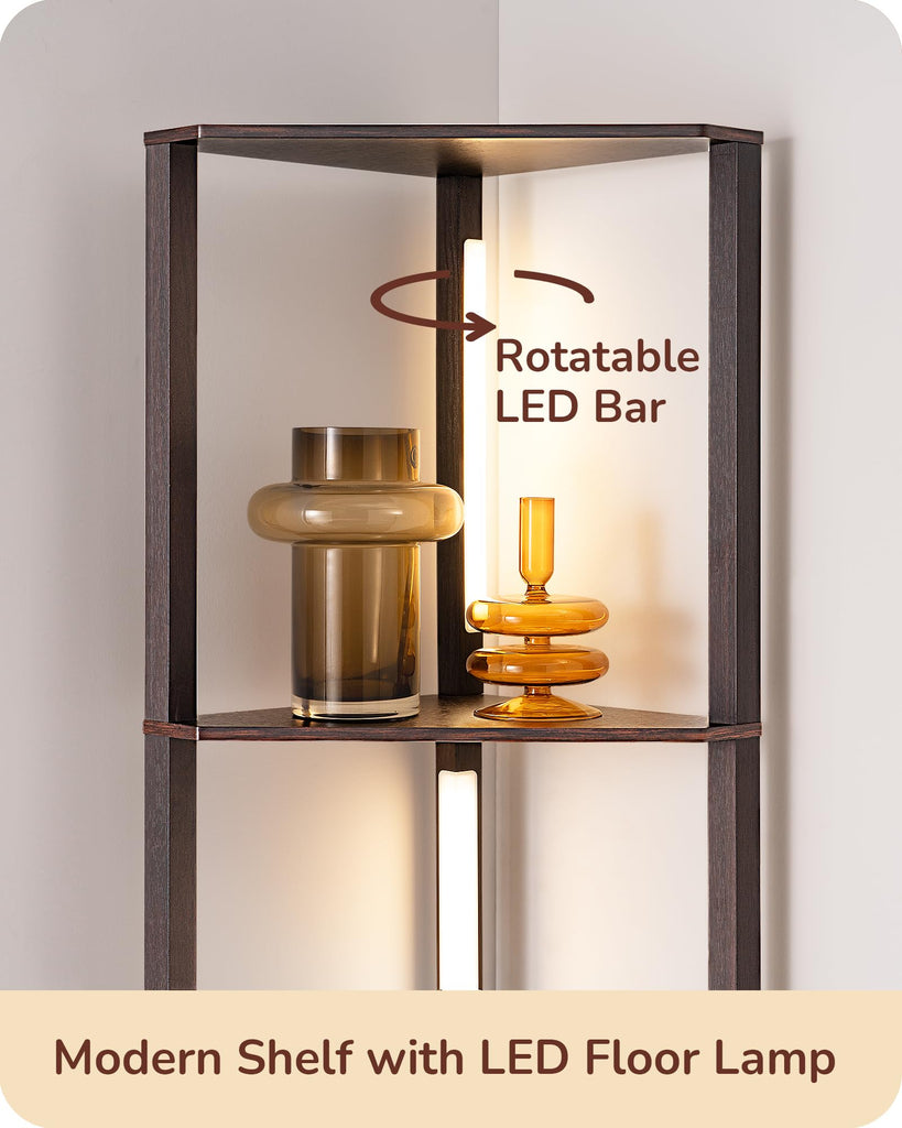 64'' Corner Shelf Floor Lamp, 3CCT, Black Walnut
