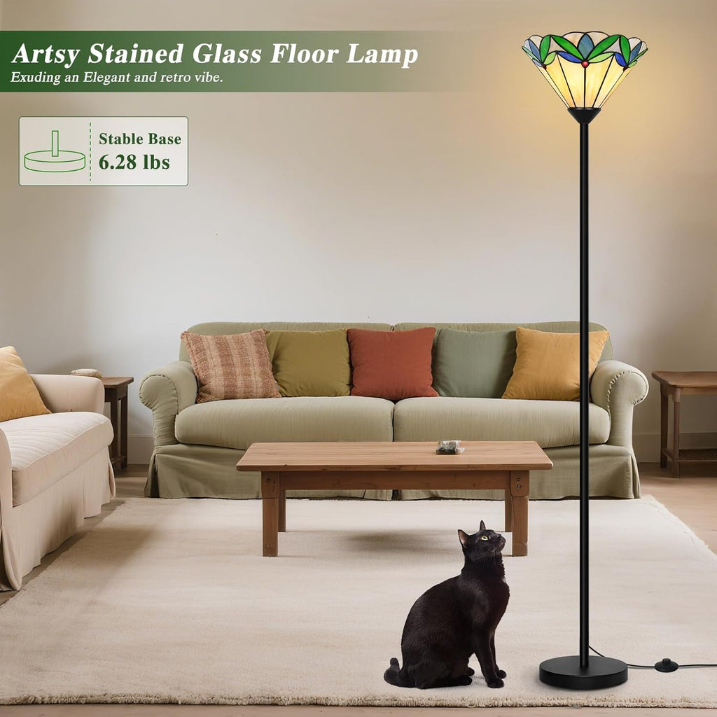Floor Lamp with Tree Leaf Stained Glass Shade, Torchiere Floor Lamp, Tall Corner Pole Lamp with Foot Switch