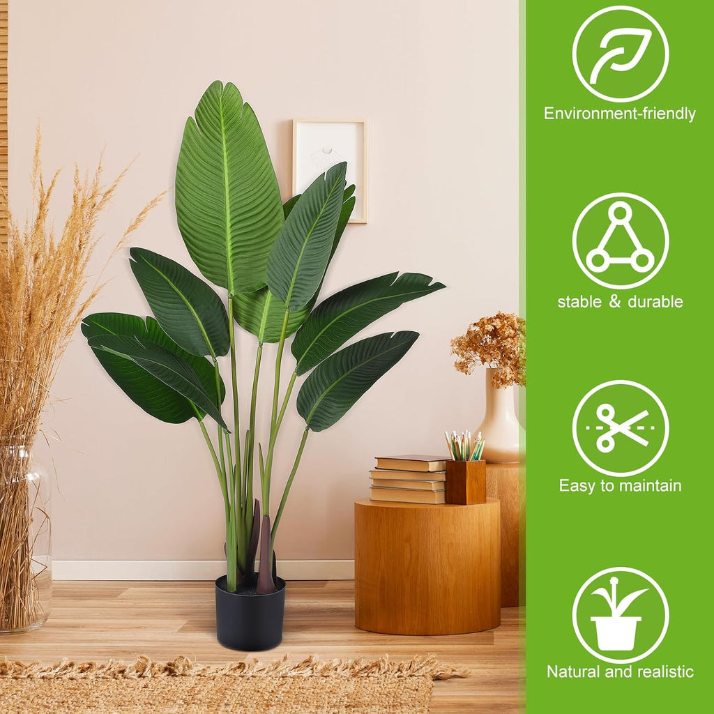 4 Pack 4Ft Artificial Bird of Paradise Plants Faux Palm Tree with 10 Trunks Banana Leaf Artificial Plant Lifelike