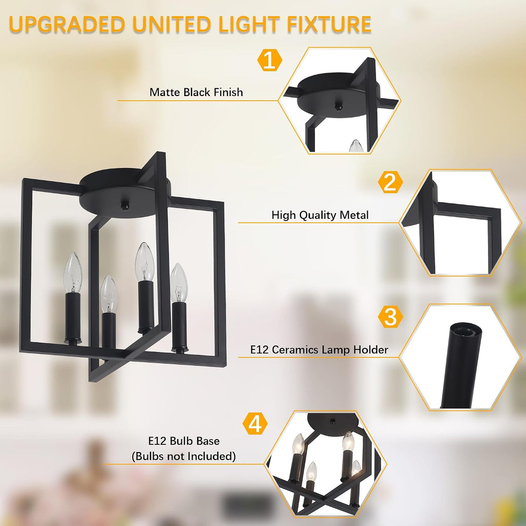 Semi Flush Mount 4-Light Black Ceiling Light, Modern Farmhouse Industrial Light with Geometric Metal Shade, Kitchen
