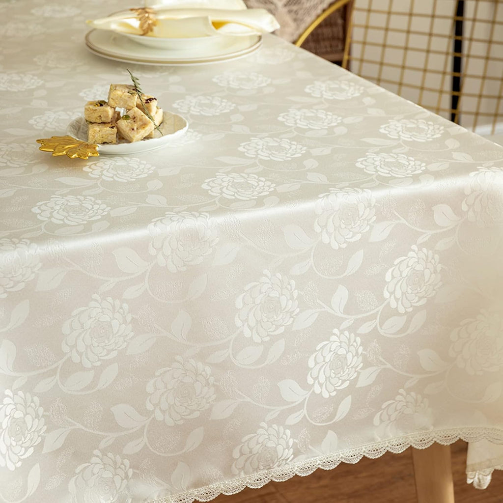 Textured Tablecloth Waterproof Spillproof Lace Trim Rectangle Damask Fabric Table Cloth Kitchen Dinn