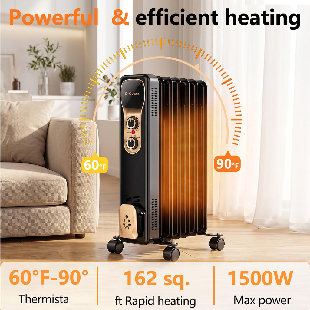 Oil Filled Radiator Heater,1500W,Manual Knob,Silent Heating