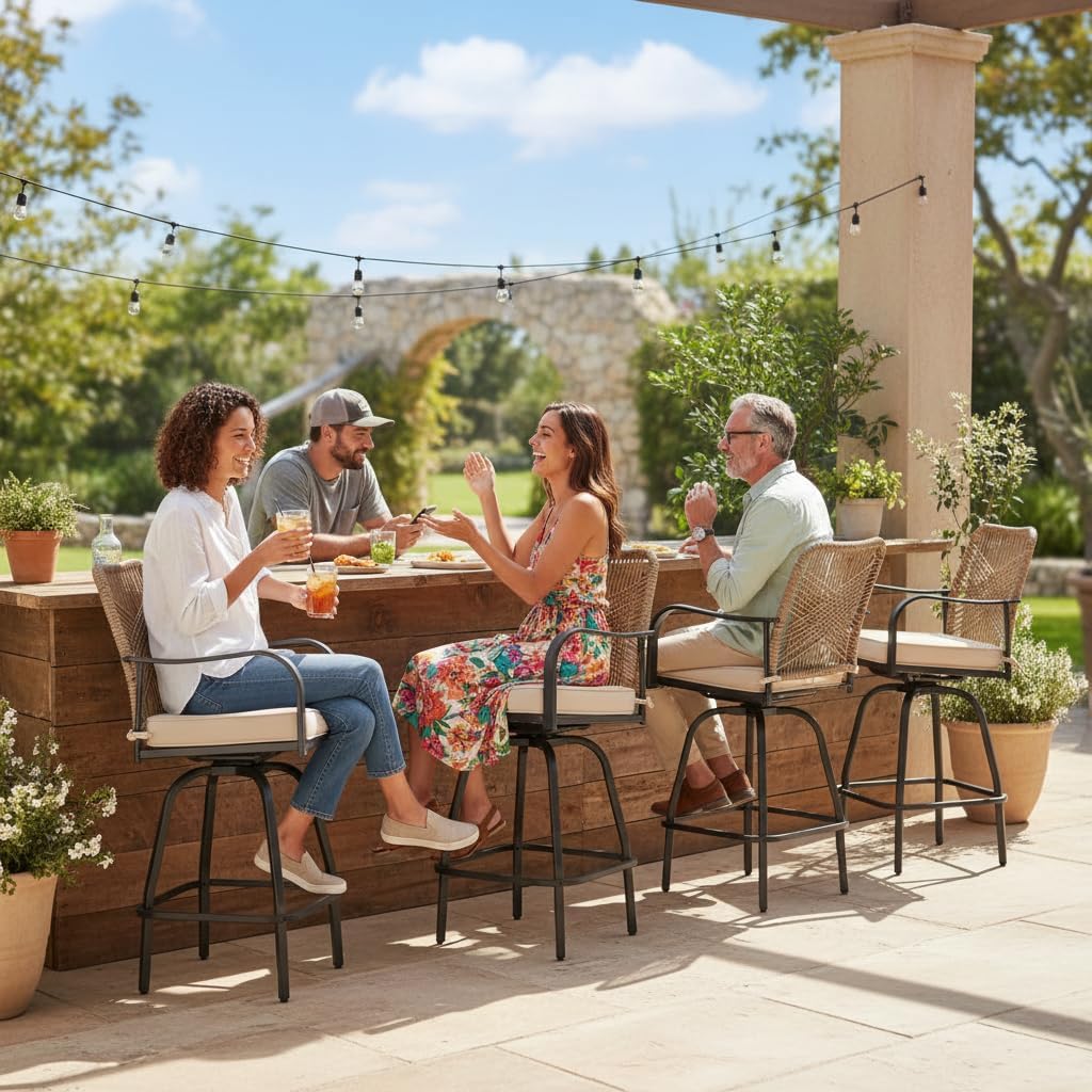 Outdoor Bar Stools Set of 4, 360° Swivel Metal Frame, Wicker Patio Bar Height Stools with Cushion, All-Weather Rattan