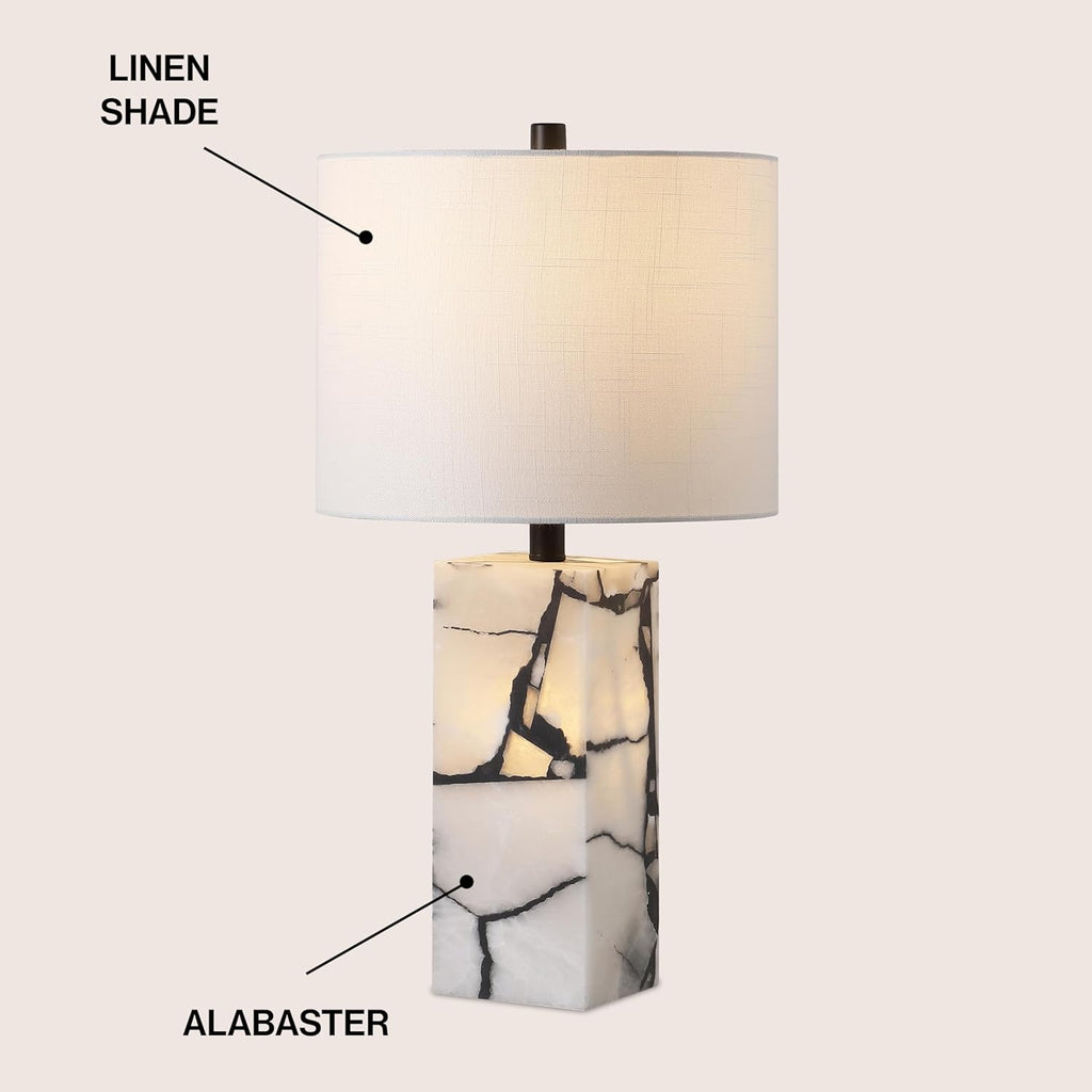 24.25" Black/White Modern Alabaster LED Table Lamp Decor, White Linen Shade