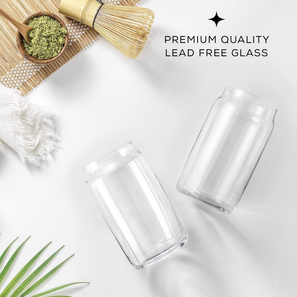 Drinking Glass Cups Set of 6-16oz Beer Can Glasses. Clear Soda Can Shaped Glass Cups, Cute Iced Coffee Cup Tumblers