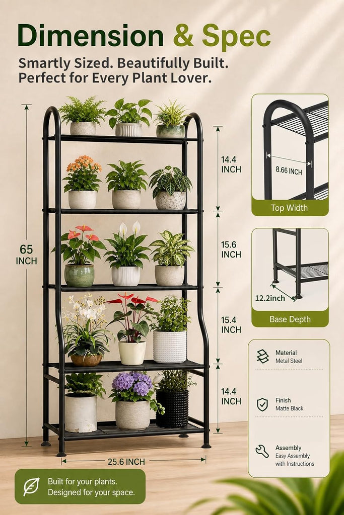 5-Tier Metal Plant Stand - Heavy Duty Indoor Outdoor Flower Shelf for Multiple Pots, 65" Tall Vertical Holder with