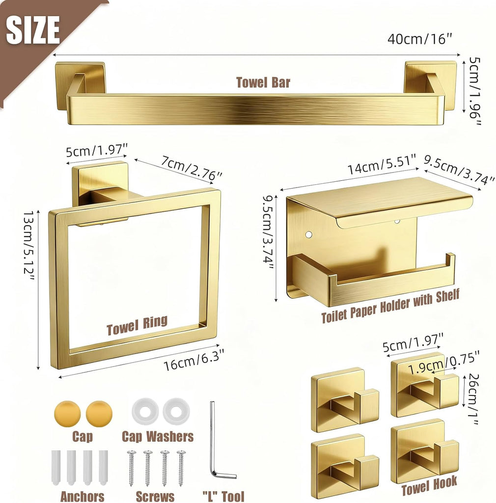 Brushed Gold Bathroom Accessories Hardware Set, 7-Pieces Stainless Steel Towel Racks , 16 Inch Towel Bar, Towel
