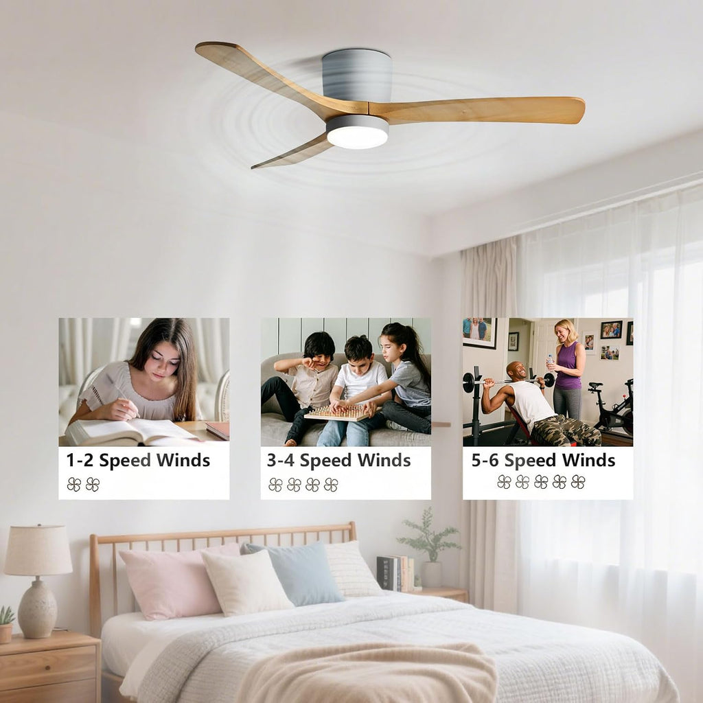48" Quiet Ceiling Fan with LED Lights - 6 Speed Remote, 3 Color Temperatures, Modern Wood Flush Mount Ceiling Fans