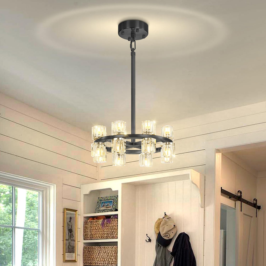 Inspired Arcachon Style Round Wagon Wheel Chandelier, 16" 16-Light Black — Foyer, Dining & Living Room