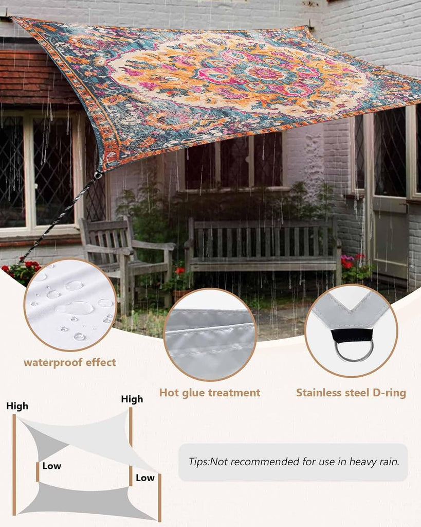 Bohemian Tribal Sun Sail Shades Rectangle Canopy,Sunlight Block Heavy Duty Curved Backyard Shade Cover,Waterproof Sun