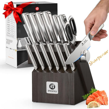 Knife Sets with Block G14 Japanese Knife Set Stainless Steel Kitchen 14pcs, Built-in Sharpener, Sharp Knives with