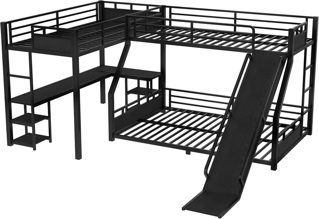 Twin XL Over Queen L Shaped Bunk Bed with Twin Loft Bed, Heavy Duty Metal Triple Bunk Bed with Slide