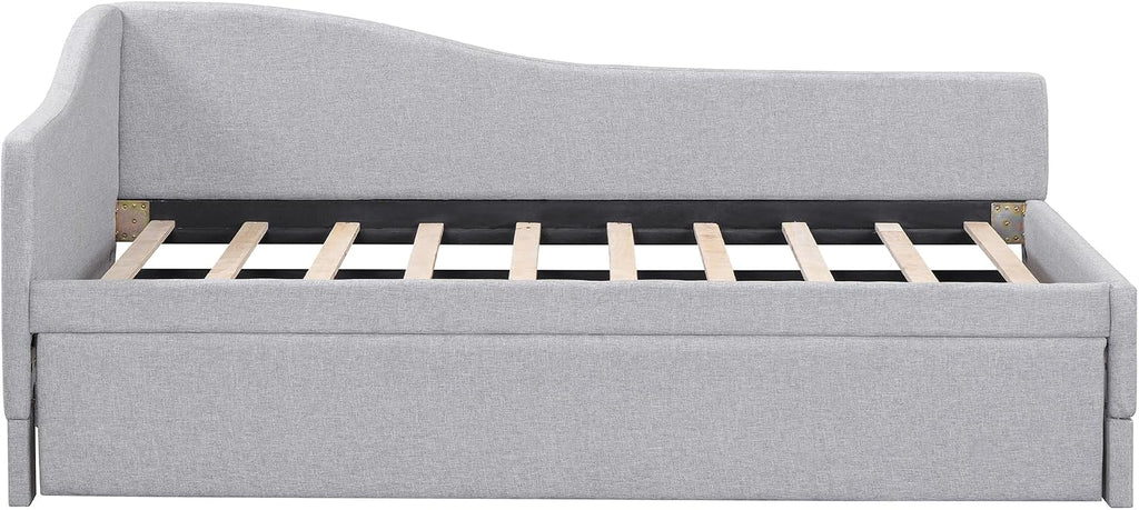 Twin Size Daybed with Pop up Trundle,Linen Upholstered Day Bed Frame with Wood Slats,Extendable Trundle Bed,Twin to