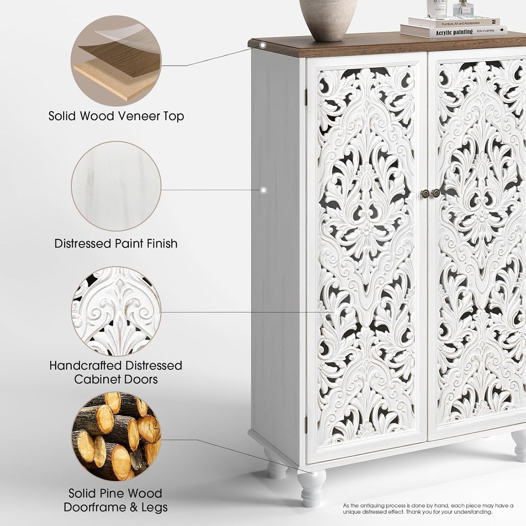 47" Tall Accent Cabinet with Carved Doors & Storage | Vertical Storage, Carved Floral Design, Mandala White Buffet