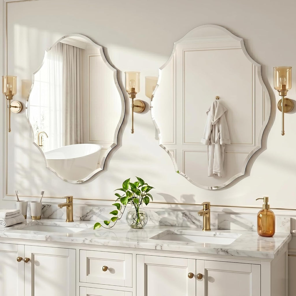 22" x 28" Frameless Scalloped Wall Mirror, Beveled Edge Bathroom Vanity Mirror with Reinforced Backing for