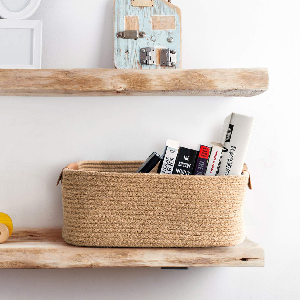Large Woven Rope Gift Basket with Leather Handles, 20L, Jute