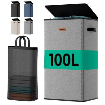 100L Laundry Hamper with Lid, Durable Laundry Basket Made of Cationic Fabric, Collapsible Large Clothes Hamper with