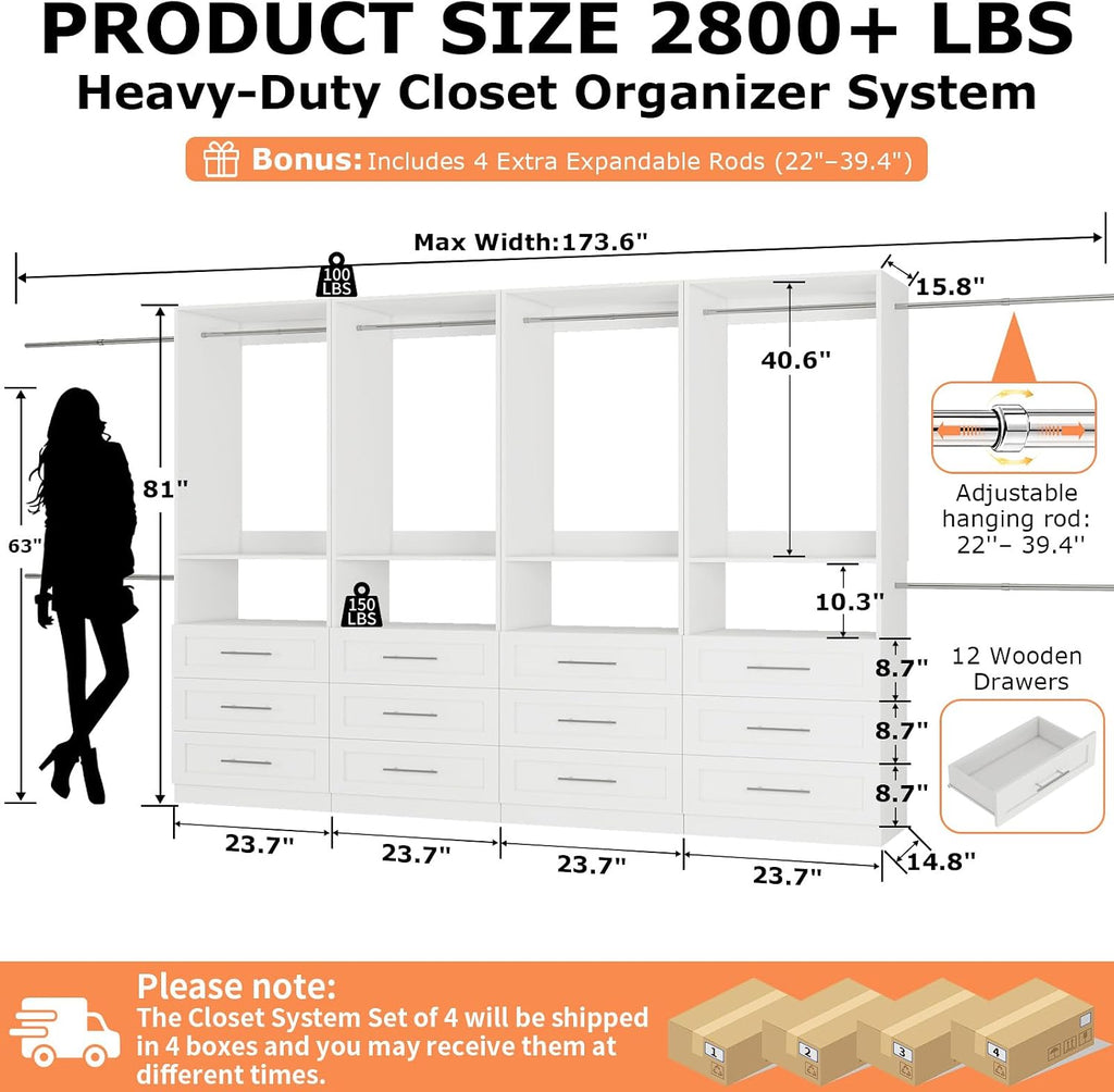 Closet System Set of 4, Closet System with 12 Drawers, 8 Rods & 4 Shelves, 8-21FT Walk in Modular Closet Organizer