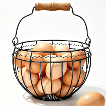 Wire Egg Basket for Gathering Fresh Eggs, Wooden Handle, Small, Holds 24
