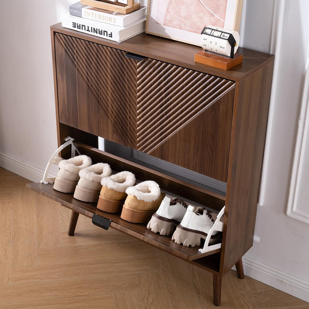 Shoe Cabinet Storage, Farmhouse Freestanding Organizer with 2 Flip Drawers and 4 Wooden feet, Narrow Shoe Rack