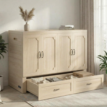 Queen Murphy Bed with Storage /Guest-Natural Wood