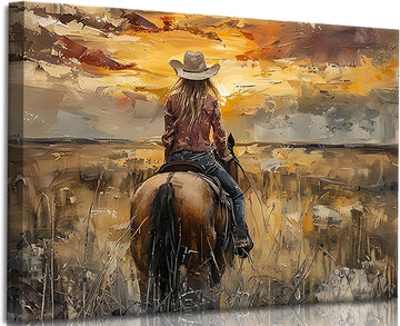 Western Cowgirl Riding Horse Canvas Wall Art Cowgirl Wall Decor Pictures Sunset Countryside Landscape Painting Print