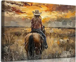 Western Cowgirl Riding Horse Canvas Wall Art Cowgirl Wall Decor Pictures Sunset Countryside Landscape Painting Print