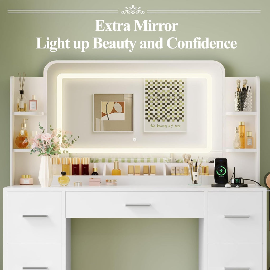 Makeup Vanity Desk with Large Mirror and LED Lights, Vanity with Power Strip and Hairdryer Holder, 6 Open Shelves and