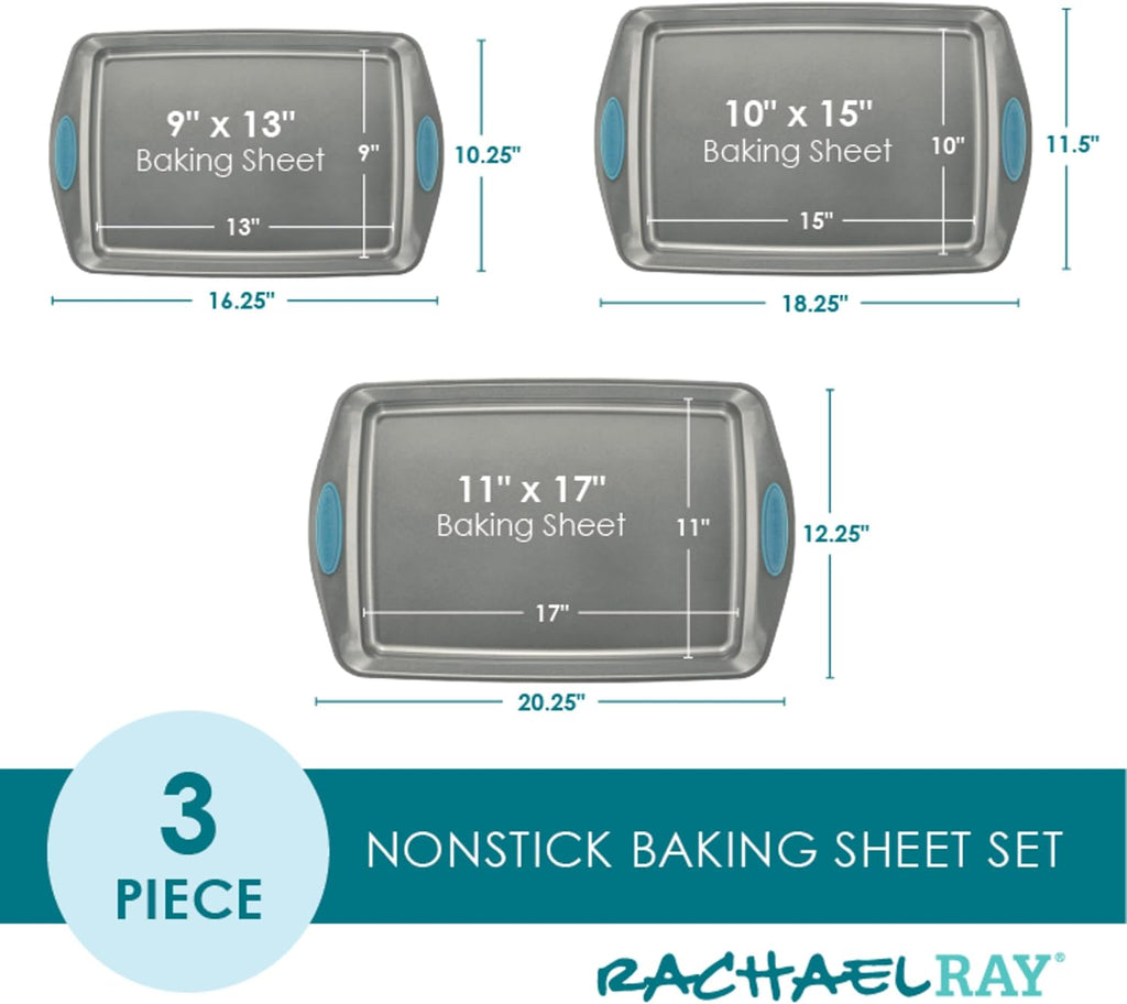 Nonstick Pans Set, 3-Piece Cookie Pan Bakeware, Gray with Agave Blue Silicone Grips