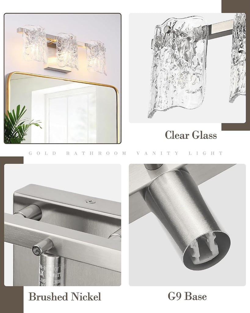 3-Light Bathroom Vanity Light, Brushed Nickel Bathroom Light Fixture Over Mirror with Clear Glass, Modern Bath Wall