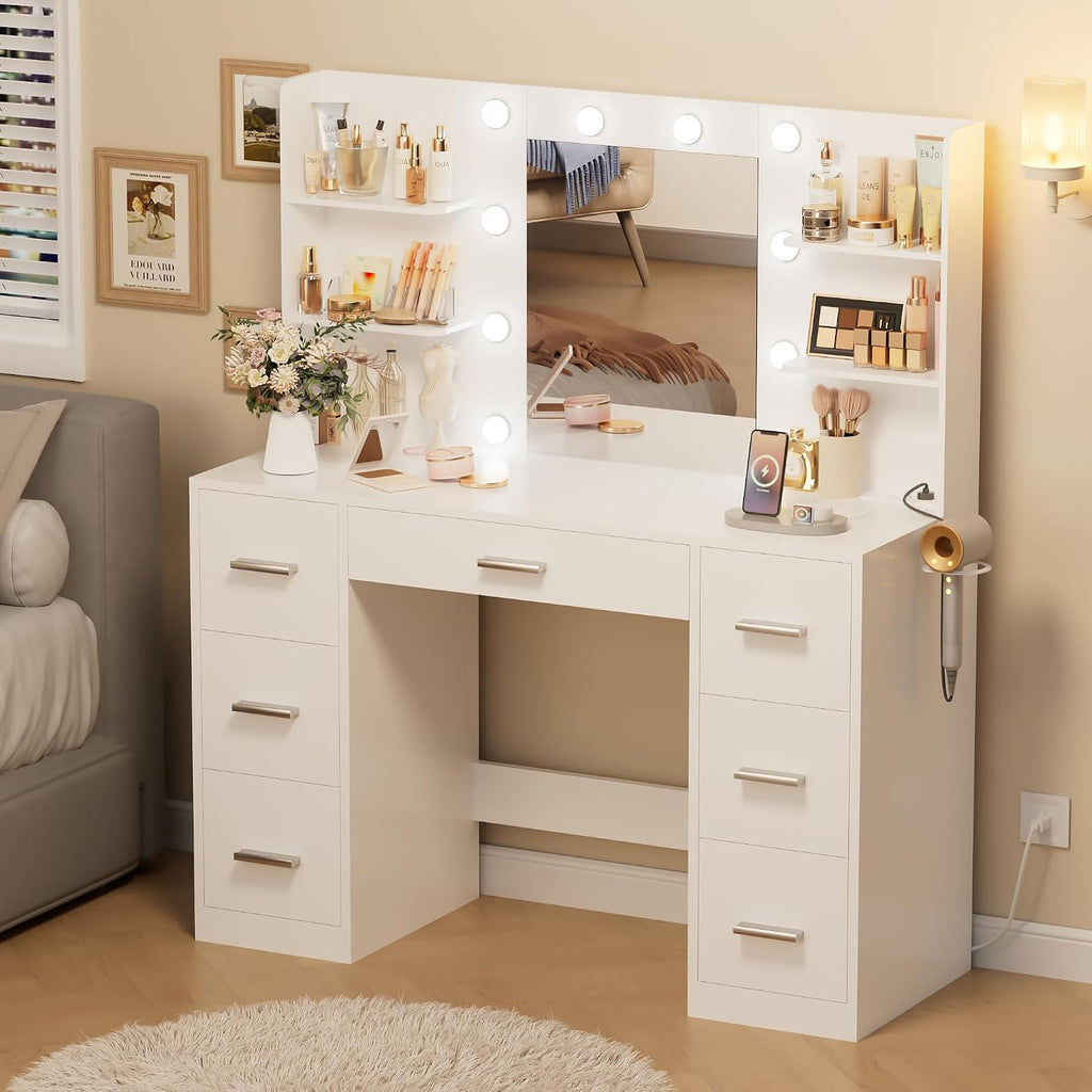 Makeup Vanity Desk with Mirror and 10 Lights, Table with 7 Drawers and 4 Open Shelves, 3 Color Modes and Adjustable