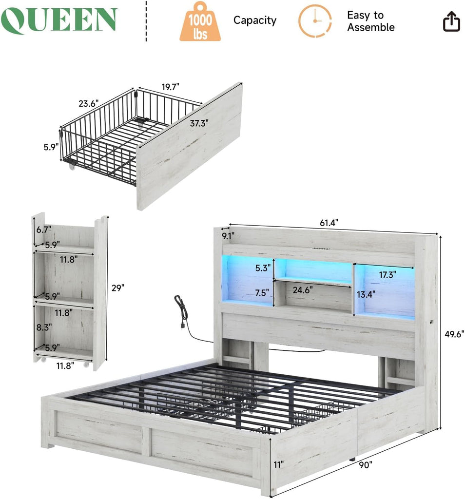 Queen Bed Frame with 4 Storage Drawer, LED Bed Frame with 49.6" Tall Bookcase Headboard, Wood Platform Bed with Charging Station & 2 Slide Bedside Shelf, No Box Spring Needed/Distressed White