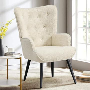 Boucle Accent Chair , Upholstered Reading Chair with High Backrest, Tufted-Button Wingback Armchair , Dressing Room