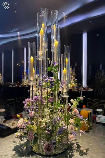 4PCS 8 Arms Clear Candelabra Candle Holder,38.5 inches Tall Arcylic Candlesticks Holder with Shade for Table Dinner