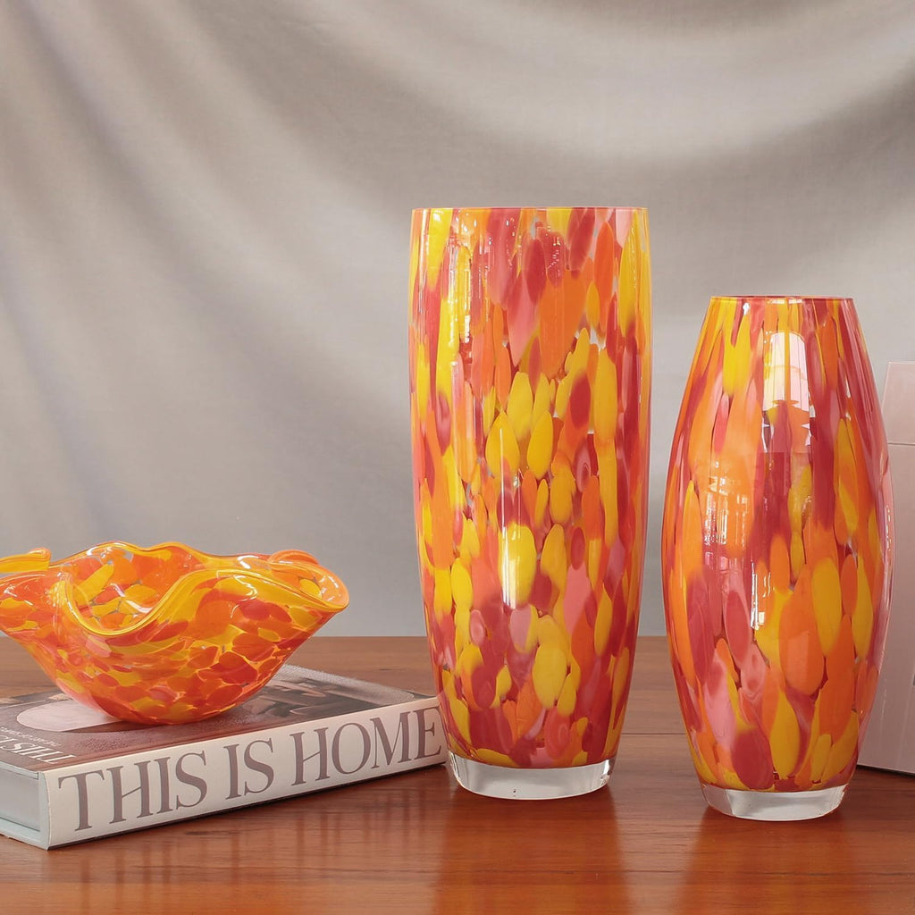Murano Style Glass Vase Hand Blown Orange Confetti Effect Home Decor AD3