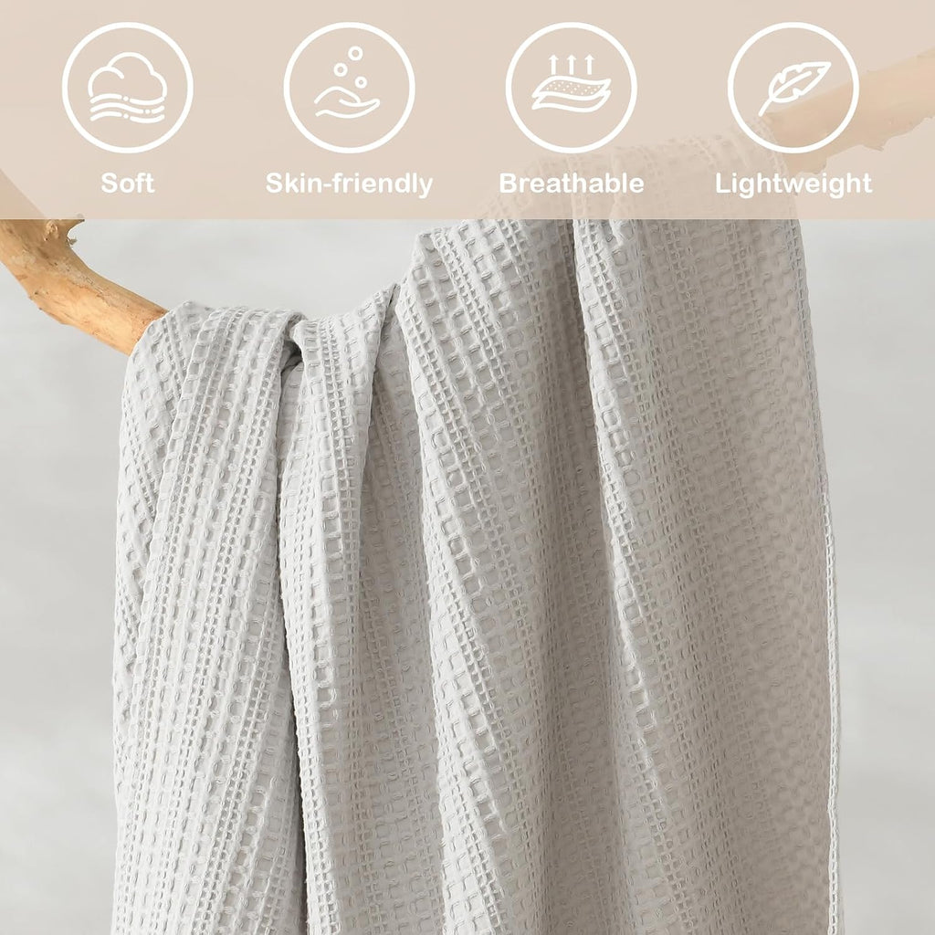 100% Cotton Waffle Blanket with Fringe, Pre-Washed Waffle Weave Blanket for All Season, Lightweight Breathable Soft